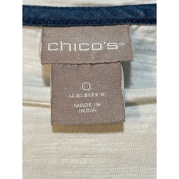 Chico's Women's 3/4th  Long-Sleeve White Top With Frayed Denim Patchwork Design - Picture 7 of 11